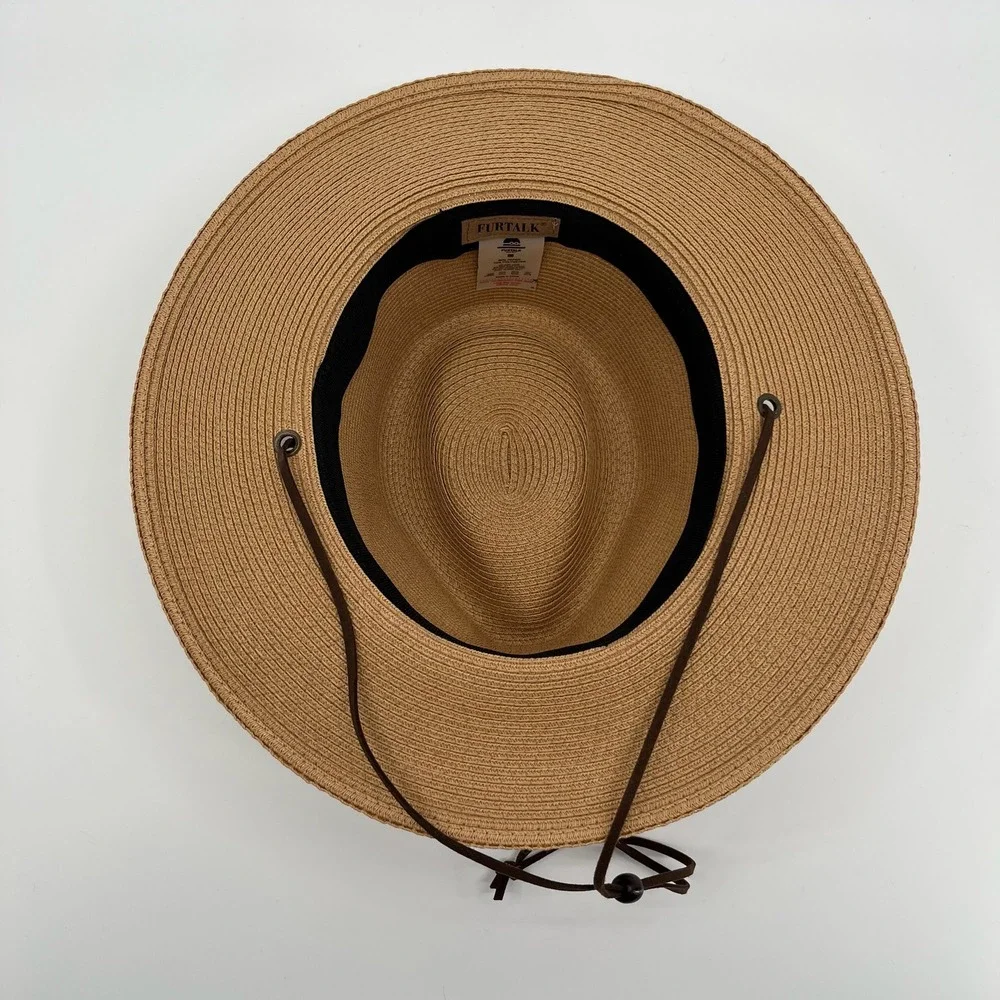 Summer Straw Sun Hat Womens Wide Brim Panama Fedora Beach Wind Lanyard UPF50+ - Picture 7 of 12